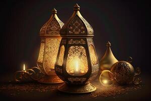 eid Mubarak fondo, mezquita en el luz de la luna a noche 3d ilustración, Arábica linternas, ai generativo. foto