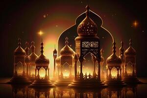 eid Mubarak fondo, mezquita en el luz de la luna a noche 3d ilustración, Arábica linternas, ai generativo. foto