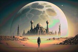 eid Mubarak fondo, mezquita en el luz de la luna a noche 3d ilustración, Arábica linternas, ai generativo. foto