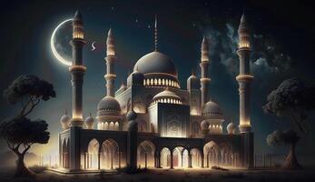 eid Mubarak fondo, mezquita en el luz de la luna a noche 3d ilustración, Arábica linternas, ai generativo. foto