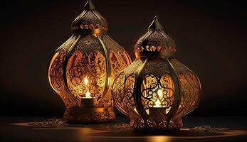Eid mubarak background, Mosque in the moonlight at night 3D illustration, Arabic lanterns, . photo