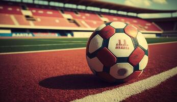 realistic illustration of a soccer ball with a large soccer stadium in the background, photo