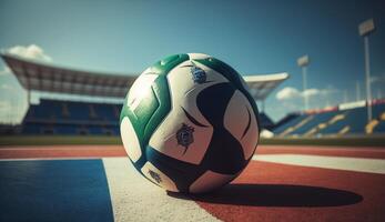 realistic illustration of a soccer ball with a large soccer stadium in the background, photo