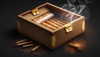 realistic illustration of cigar cigarettes in a classic wooden box with smoke effect, photo