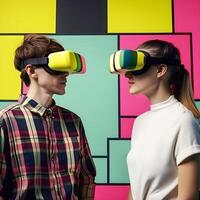Young Couple Of Friends Guy Girl In Vr Glasses . Concept Of People's Lifestyle. Look Into A Virtual Reality Headset. content, photo