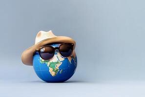 Planet Earth In A Hat And Sunglasses On A Blue Background. Ecological Concept. content, photo