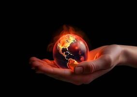 Global Warming Concept. Woman's Hand Holding Burning Earth. content, photo