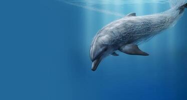Dolphin Entangled In A Fishing Net. Environmental Protection And Plastic Awareness Concept. content, photo