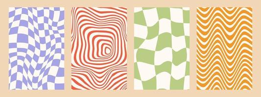 Set of Abstract psychedelic backgrounds, optical illusion. Wavy swirly pattern. 70s Retro pattern groovy trippy. Seventies Style. Striped background for fabrics, paper, packaging. Vector Illustration