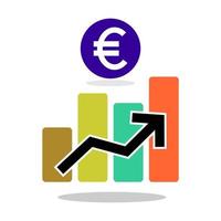 Increasing line graph with Euro currency symbol isolated on white background. Growth icon for sales, profit, money, business, and marketing vector