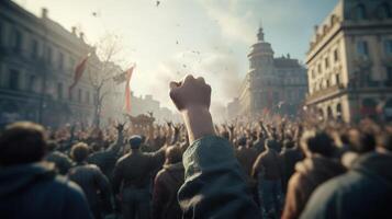 revolucionario voces, protestando multitud con elevado puños en ciudad calle. generativo ai foto