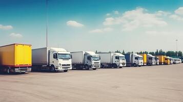 Semi Trailer Trucks in Logistics and Transportation Industry. photo