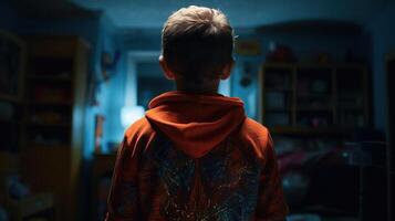 Facing Fears, Brave Kid Confronts Nightmares and Imaginary Monsters. photo