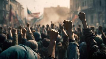 revolucionario voces, protestando multitud con elevado puños en ciudad calle. generativo ai foto