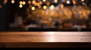 Rustic Elegance, Product Showcase on Wooden Tabletop with Bokeh Lights. photo