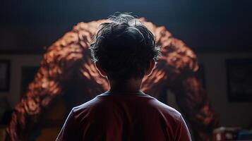 Facing Fears, Brave Kid Confronts Nightmares and Imaginary Monsters. photo