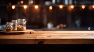 Rustic Elegance, Product Showcase on Wooden Tabletop with Bokeh Lights. photo