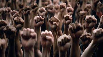 Revolutionary Voices, Protesting Crowd with Raised Fists on City Street. photo