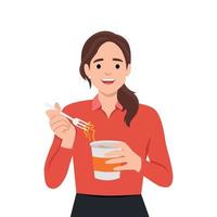 Happy young beautiful woman holding a bowl of noodles and eating hot and spicy instant noodles vector