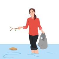 Sad woman cleans ocean of plastic garbage by pulling out bottles using scoop-net. Girl eco activist and volunteer to take care of nature puts garbage thrown into sea into bag vector