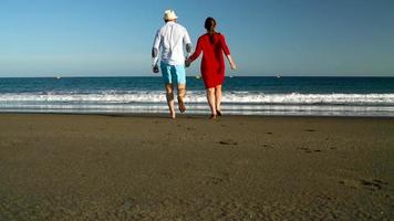 Couple in love carefree walking to the water on the beach. Picturesque ocean coast of Tenerife, Canarian Islands, Spain video