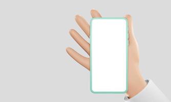 3D Cartoon hand holding a phone with a white mockup isolated on white background, For the using mobile phone mockup presentation. 3d render illustration. photo