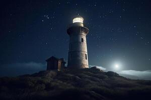 Lighthouse in sea at starry night. Navigation for ships. photo