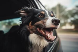 Happy dog looks out from car window. Road trip with dog. photo