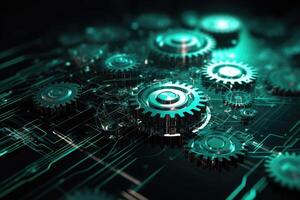 Digital gear wheels on circuit board. High technology engineering. photo