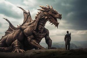 Man stands in front of huge dragon, fantasy world. photo