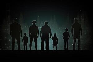 Different generations of family stand together against dark abstract background. photo