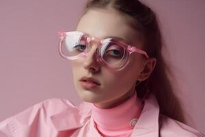 woman with pink glasses and outfit photo