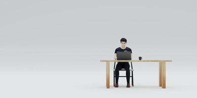 hombre sentado a trabajo en el mesa con un cuaderno y computadora 3d ilustración foto