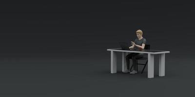 hombre sentado a trabajo en el mesa con un cuaderno y computadora 3d ilustración foto