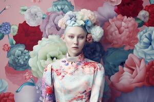 woman with colorful flowers, spring concept photo