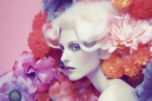 woman with colorful flowers, spring concept photo