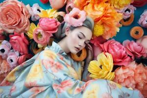 woman with colorful flowers, spring concept photo