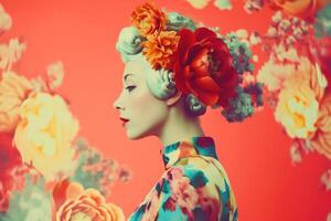 woman with colorful flowers, spring concept photo