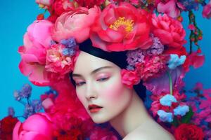 woman with colorful flowers, spring concept photo