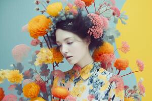 woman with colorful flowers, spring concept photo