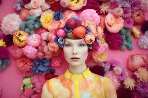 woman with colorful flowers, spring concept photo