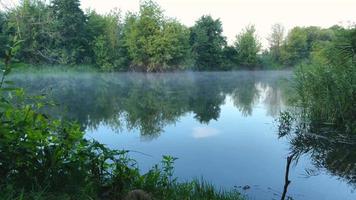 Time lapse view of the river covered with fog at dawn. Ukraine video