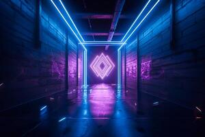 Futuristic room with neon cyberpunk lines and decoration 3d illustration. Sci-Fi background. photo