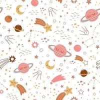 Kids space pattern with hand drawn space elements, cute planets, moon, stars, comet space. Repeated cosmic background. Baby space print, fabric, nursery textile design. Vector illustration.