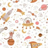 Kids space pattern with hand drawn space elements, cute rocket, planets, moon, stars cat in space. Repeated cosmic background. Baby space print, fabric, nursery textile design. Vector illustration.