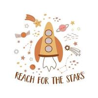 Space phrase, cosmos quote. Baby space rocket print. Cute childish outer space elements, planets, stars, spaceship. Vector kids cosmos card, universe illustration in pastel brown color. Nursery space