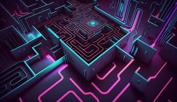 cyber circuit futuristic neon background,motif maze techno wallpaper landscape , photo