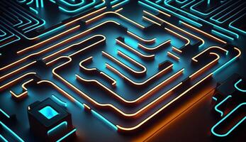cyber circuit futuristic neon background,motif maze techno wallpaper landscape , photo