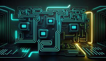 cyber circuit futuristic neon background,motif maze techno wallpaper landscape , photo