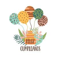 Feliz cumpleanos jungle cake. Feliz Cumpleanoa means Happy Birthday in Spanish. Tropical birthday cake candle, balloons, jungle tropical leaves Jungle party graphic element Safari vector illustration.